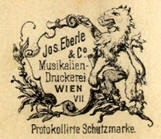 A colour facsimile of the earlier form of Eberls's registered trade mark, with a full version of the firm's address on the shield supported by the lion.