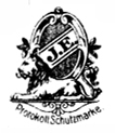 black and white image showing variant 1 of the maker's mark for Eberle's second firm: the lion is couchant, and the name of the firm is reduced to the initials J.E.