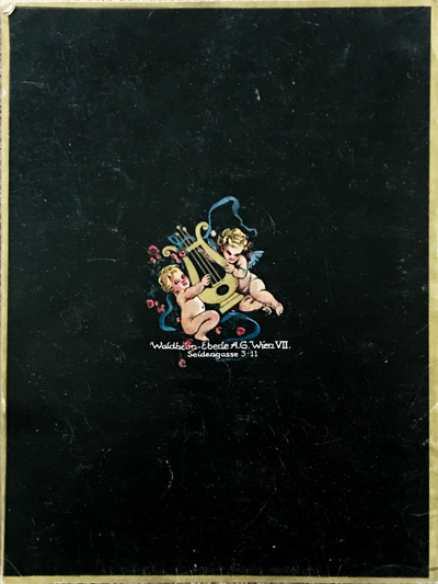 Colour facsimile of the rear cover of the Concordia Album, showing two chrubs playing a lyre, overprinted with the name and address of the printer (Waldheim-Eberle)
