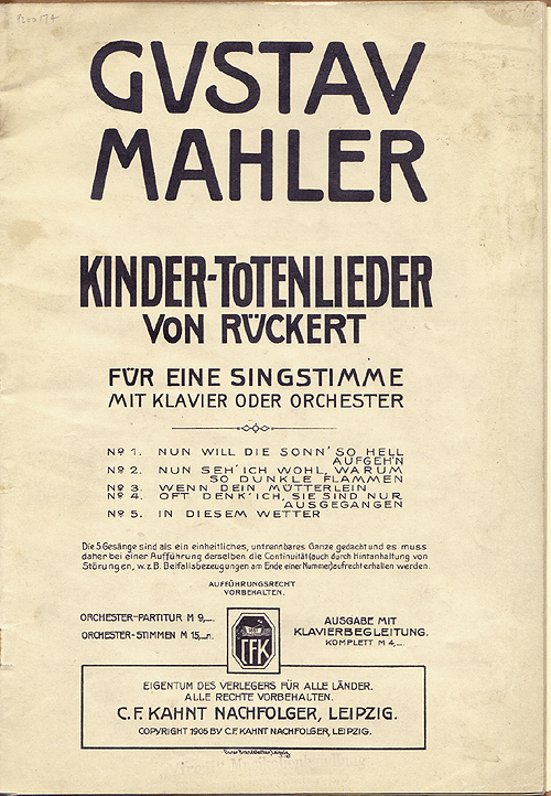 Colour facsimile of the title page used for the first edition of the piano-vocal score of Kindertotenlieder (1905)