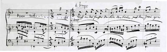 black and white facsimile of bb. 4-8 of Mahler's autograph (high voice) of Frhlingsmorgen 
