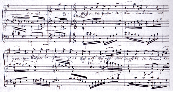 black and white facsimile of bb. 4-8 of Mahler's autograph (low voice) of Frhlingsmorgen 