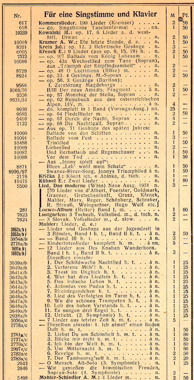 Colour facsimile of a detail from p. 14 of the Universal-Edition Gesamt-Katalog 1937, showing the listing of Mahler songs available
