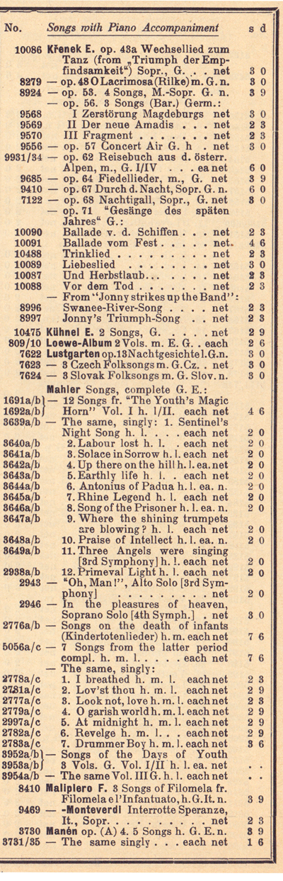Colour facsimile of a detail from p. 21 of the Universal-Edition Gesamt-Catalogue (in English) for 1938-39, showing the listing of Mahler songs available