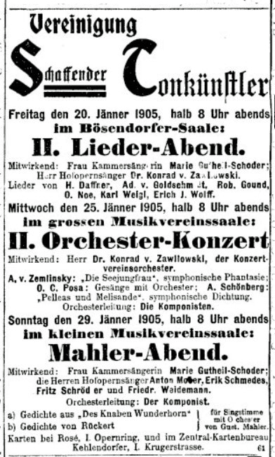 Facsimile of the advert for the series of three concerts mounted by the Vereinigung