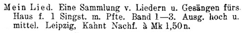 Facsimile of the Hofmeister listing of the the Compilation volume 'Mein Lied'