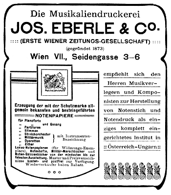 Facsimile of an advert for Jos. Eberle & Co. c. 1906, showing a strongly modernist design.