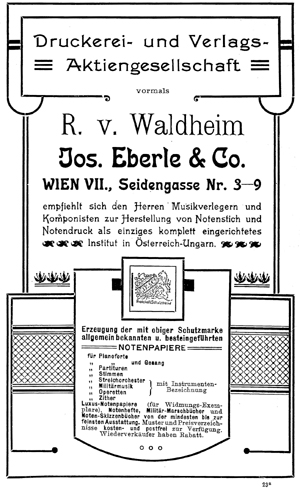 Facsimile of an advert for Waldheim-Eberle, c. 1907 showing a strongly modernist design.