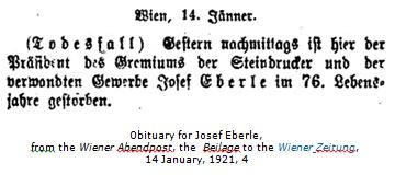 Brief report of the death of Josef Eberle from the Wiener Abendpost, 14 January 1921, p. 4.