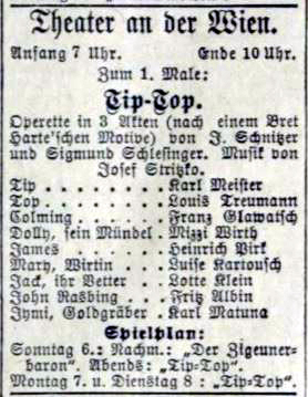 b&w image of the advertisement for the first performance of Stritzko's operetta, Tip-Top on 5 October 1907.