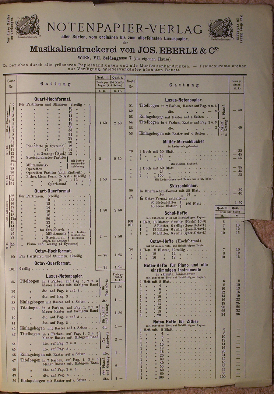 A colour facsimile of andadvert for manuscript paper manufactured by Josef Eberle and Co., listing all the formats and the relevant prices.