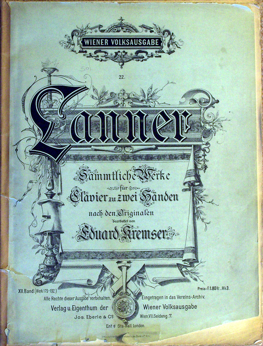 Colour facsimile of the outer front cover of Lanner, Sämmtliche Werke, [Band 12], (Vienna: Josef Eberle & Co., 1889)