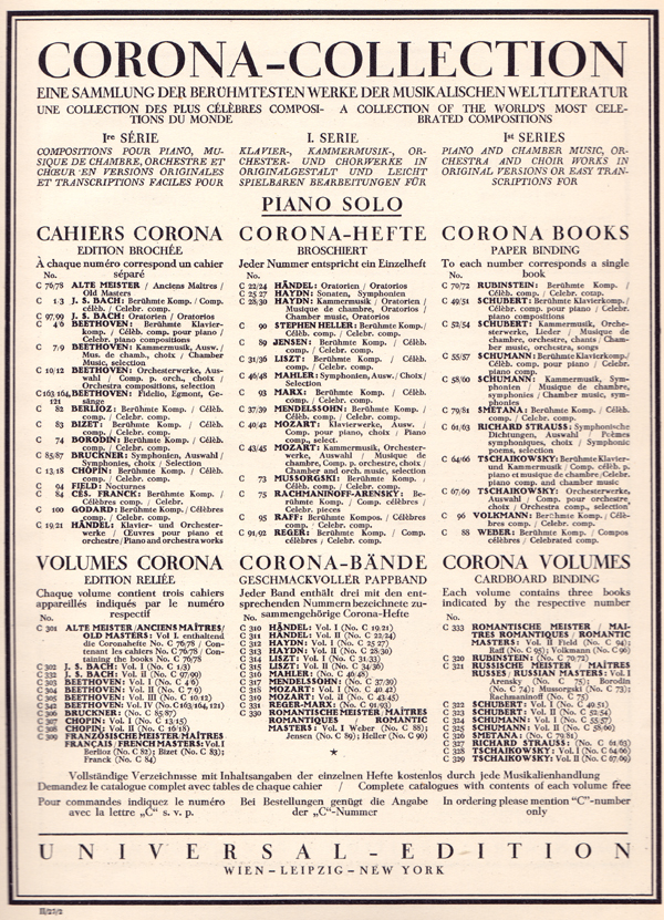 Colour facsimile of the first advert in the Corona-Collection volume
