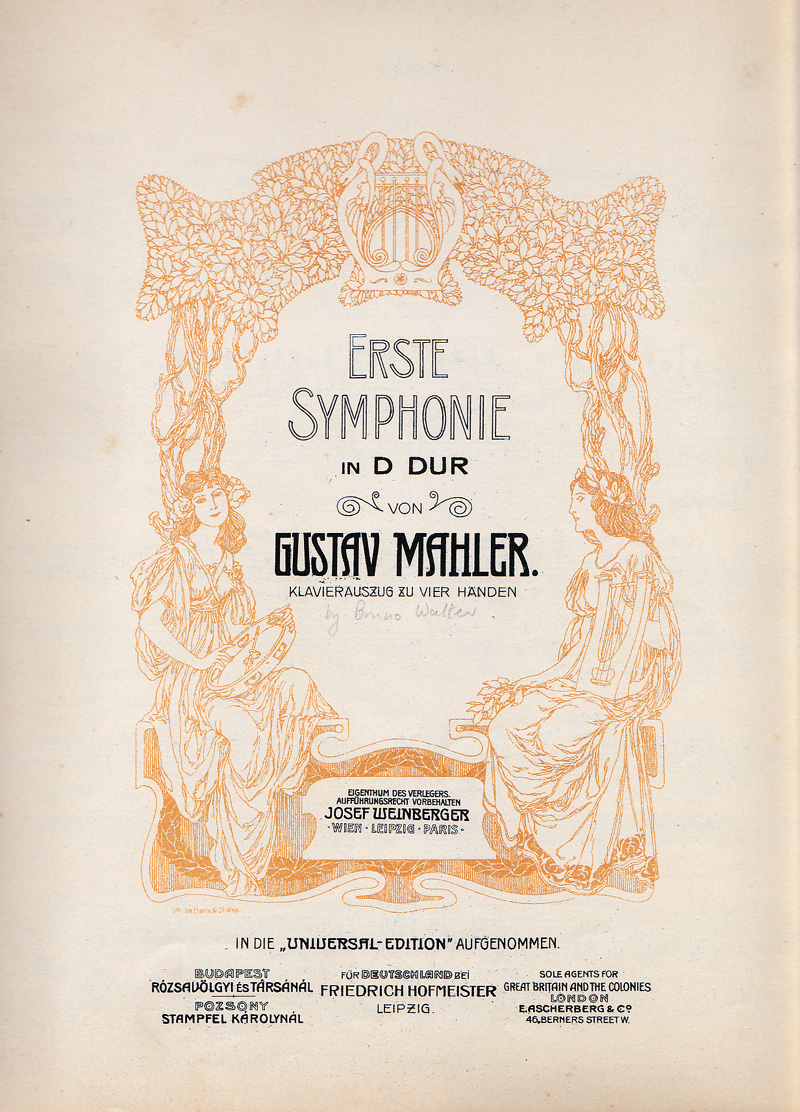 colour facsimile showing the title page of the first edition, third issue, of the piano duet arrangement of the first symphony