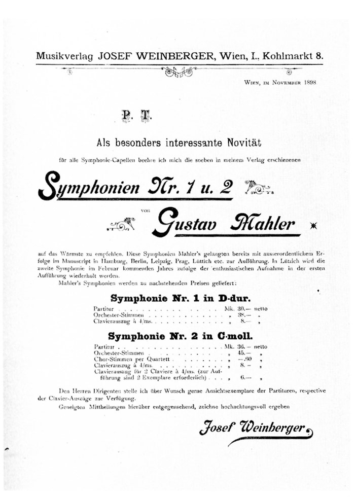Announcement of publication of Mahler's First and Secodn Symphonies by Josef Weinberger, dated November 1898