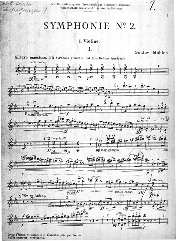 Orchestra part, first edition, second issue, violin 1, p. 1.
