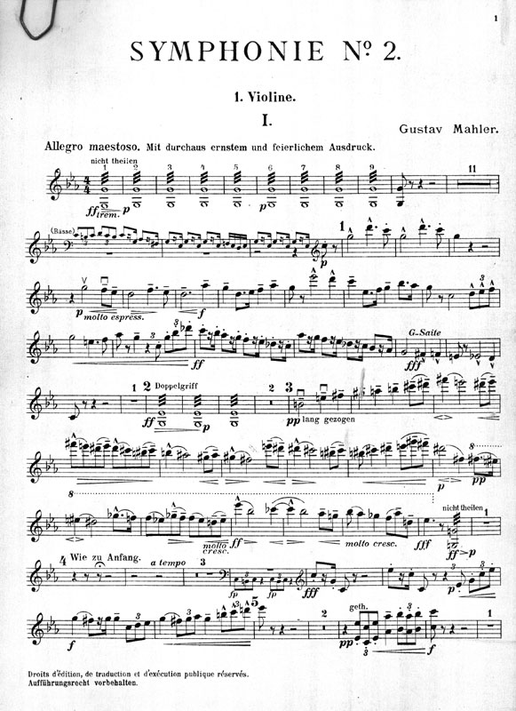 Orchestra part, first edition, first issue, violin 1, p. 1.